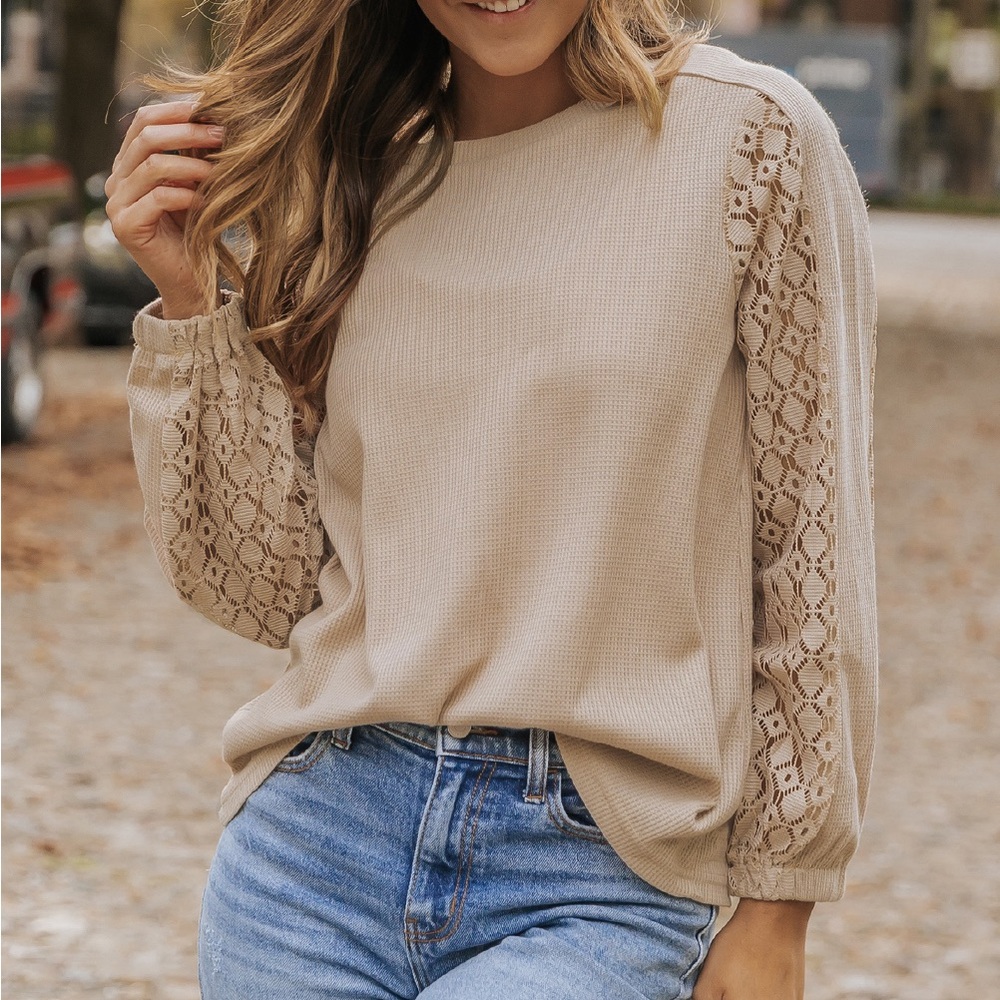 Beige Lace Sleeve Waffle Knit Top - Picture 8 of 9